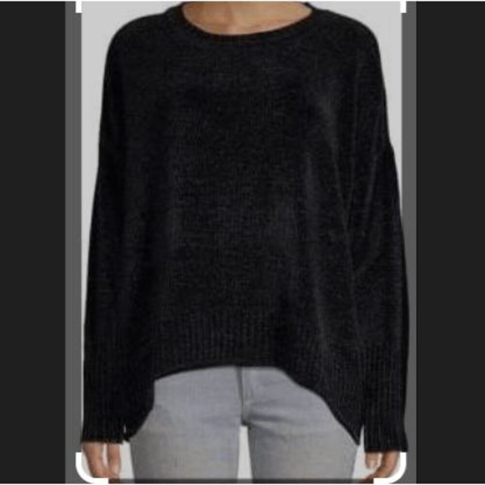 Saks Fifth Avenue Chenille Boxy High-Low Sweater Black Round‎ Neck Oversized XS